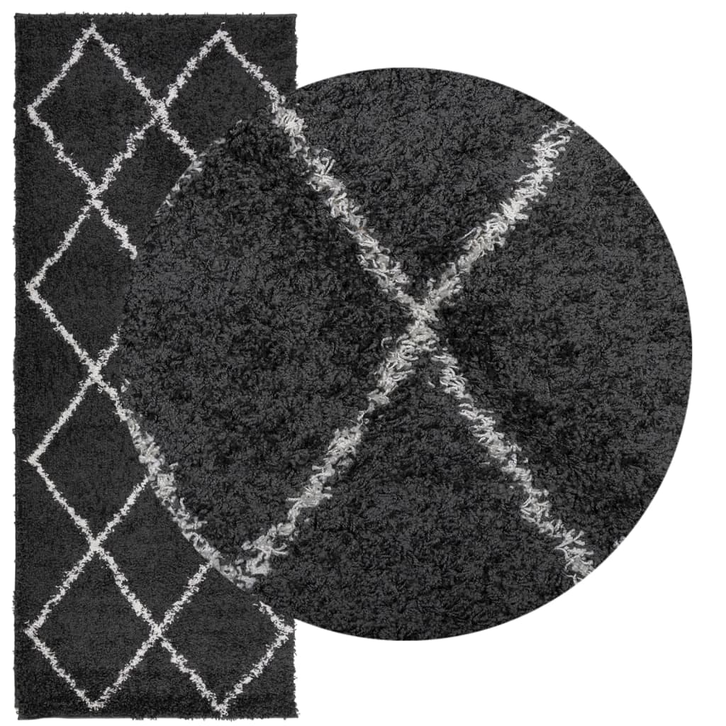Tapis Shaggy Poils Longs Moderne Noir et Crème 80x200 cm