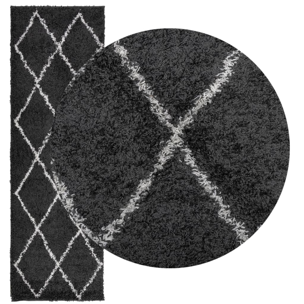 Tapis Shaggy Poils Longs Moderne Noir et Crème 80x250 cm