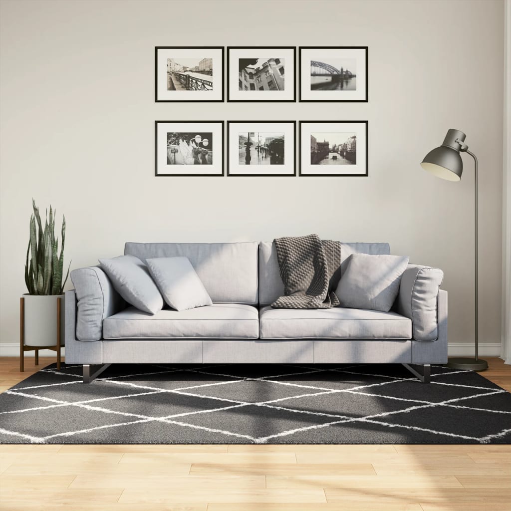 Tapis Shaggy Poils Longs Moderne Noir et Crème 140x200 cm