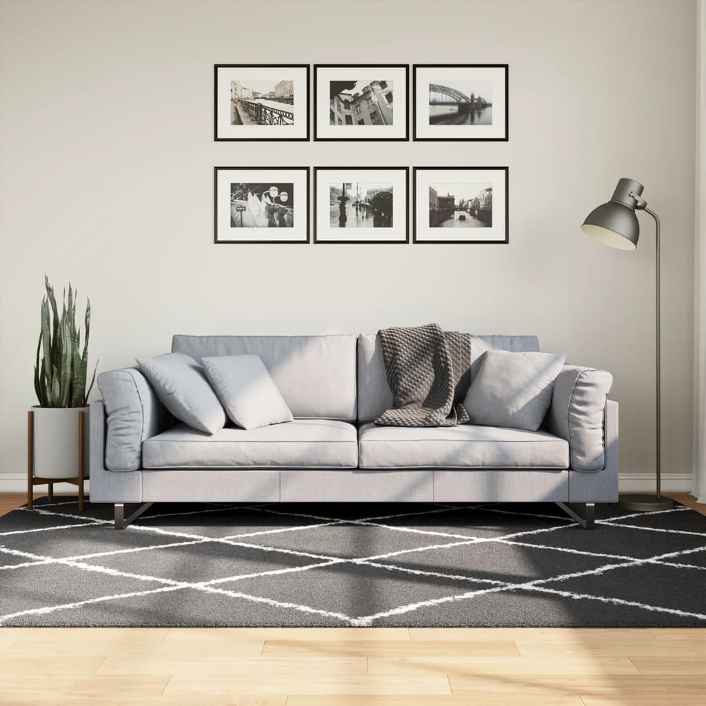 Tapis Shaggy Poils Longs Moderne Noir et Crème 160x230 cm