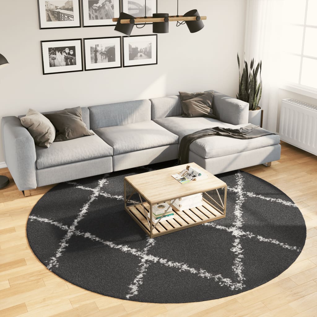 Tapis Shaggy Poils Longs Moderne Noir et Crème Ø 240 cm