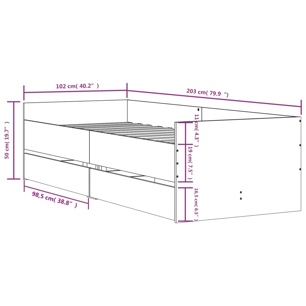 Bettgestell mit Schubladen Grau Sonoma 100x200 cm