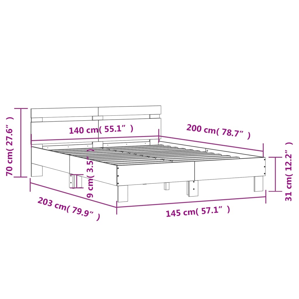 Bettgestell mit Kopfteil LED-Beleuchtung Grau Sonoma 140x200 cm