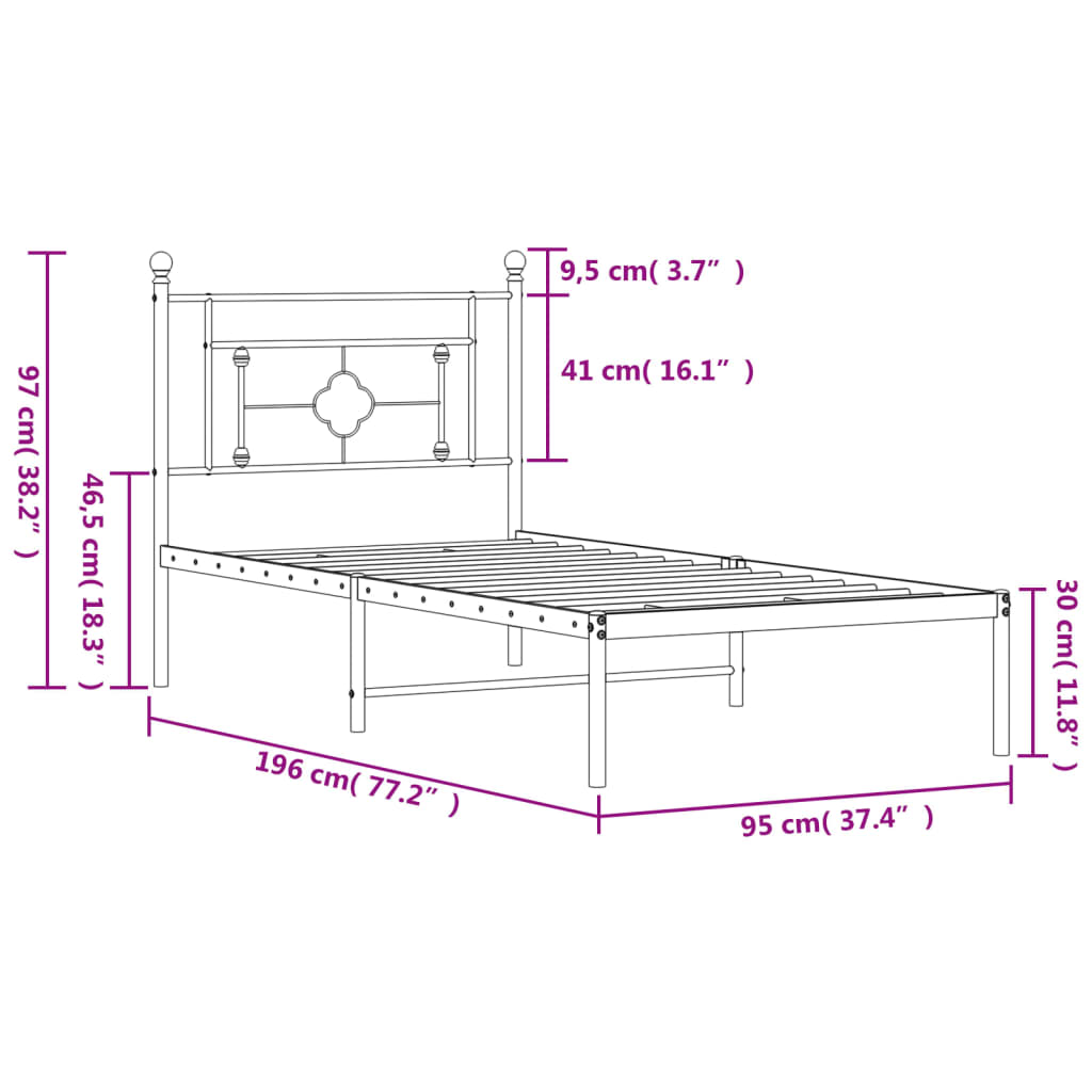 Bed frame with headboard metal black 90x190 cm
