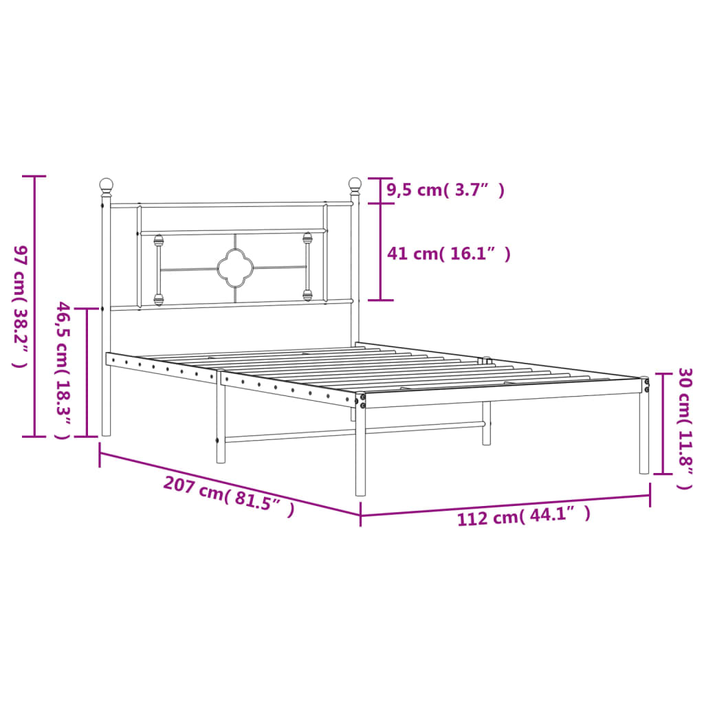 Bed frame with headboard metal black 107x203 cm