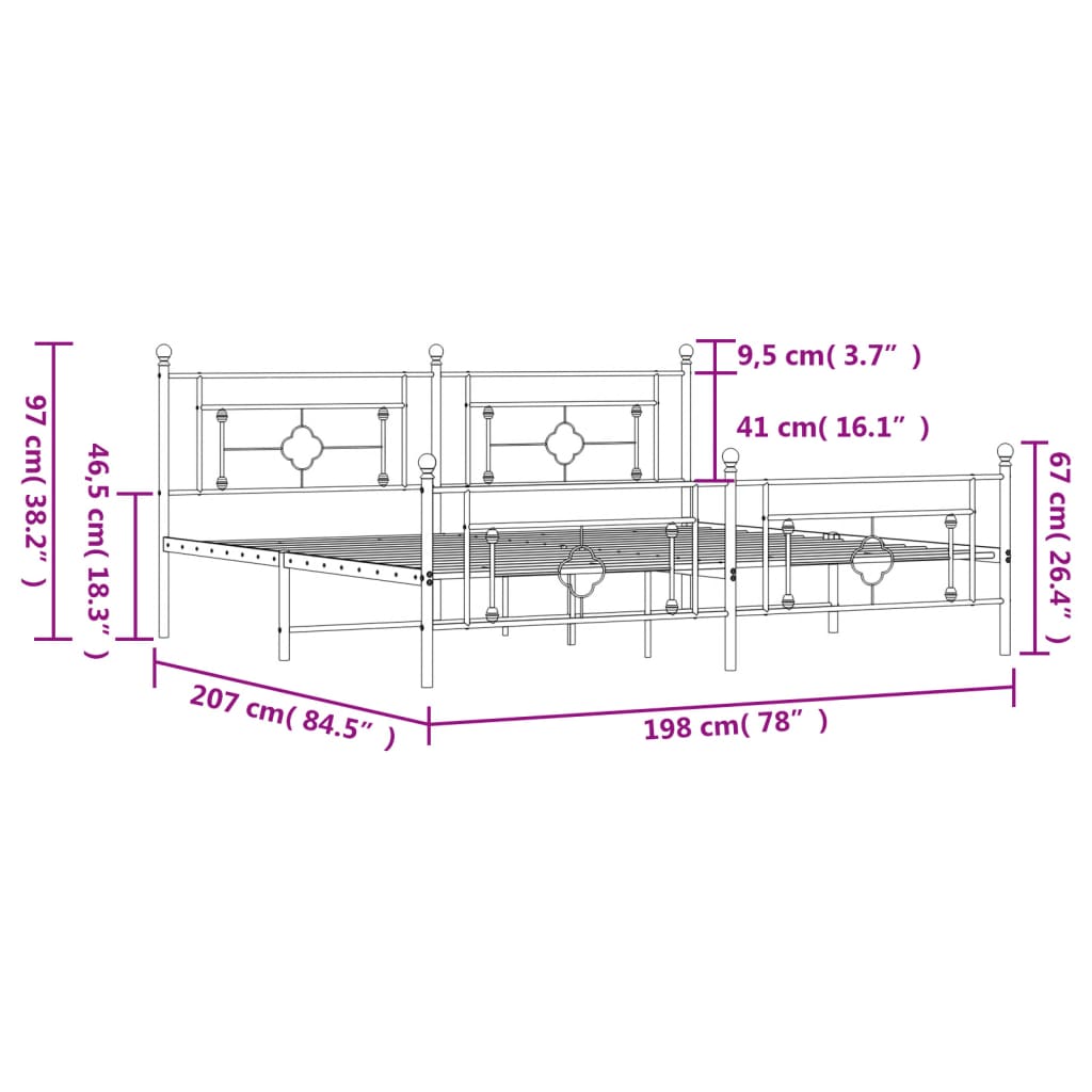 Bed frame with head and footboard metal white 193x203 cm