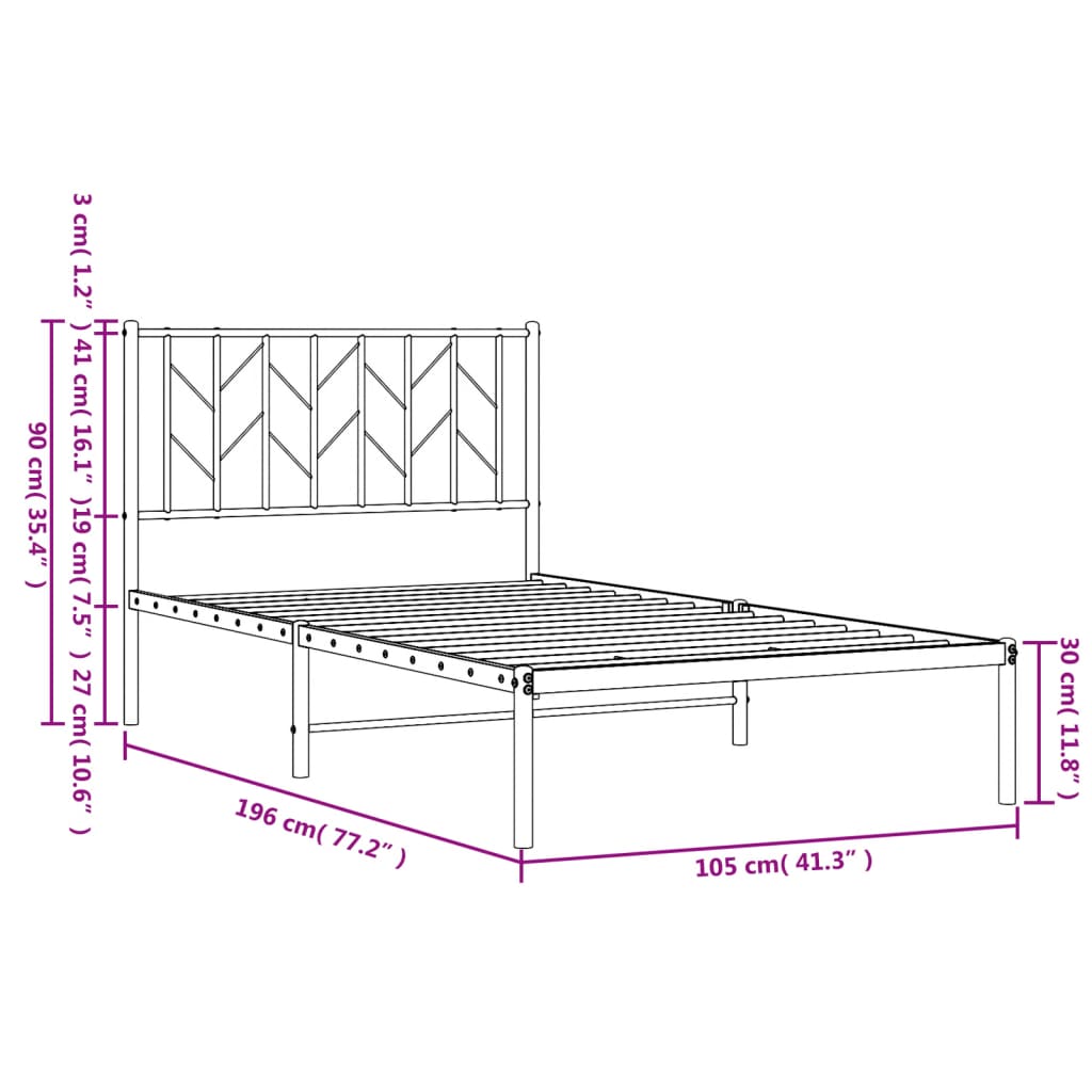 Bed frame with headboard metal black 100x190 cm