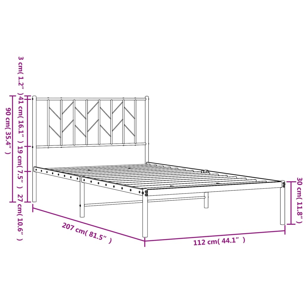 Bed frame with headboard metal black 107x203 cm