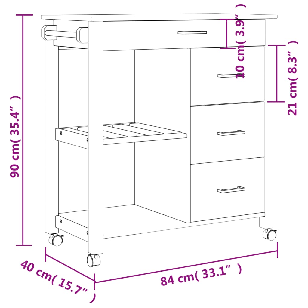 Kitchen trolley MONZA 84x40x90 cm solid pine wood
