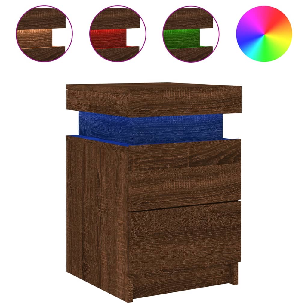 Bedside table with LED lights brown oak look 35x39x55 cm