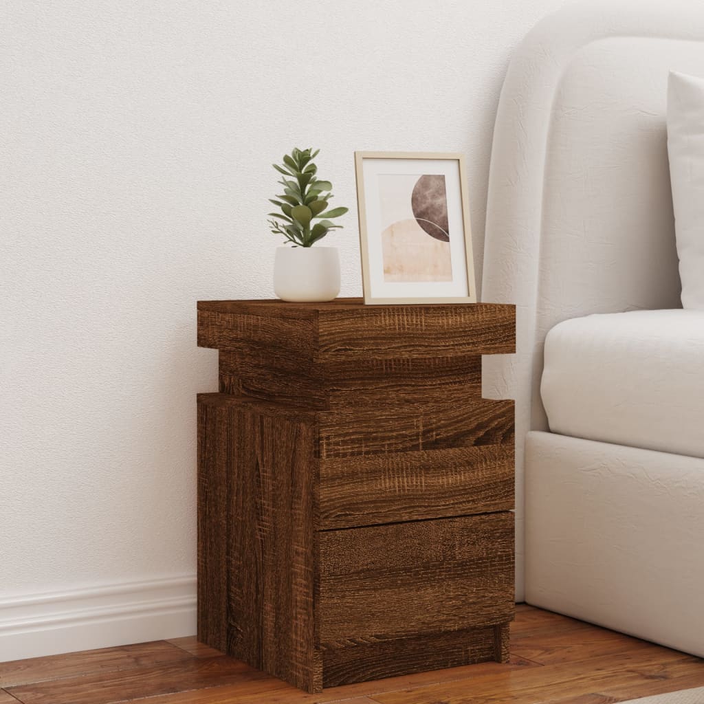 Bedside table with LED lights brown oak look 35x39x55 cm