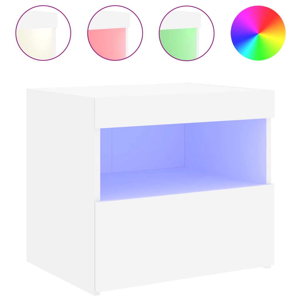 Bedside table with LED lights White 50x40x45 cm