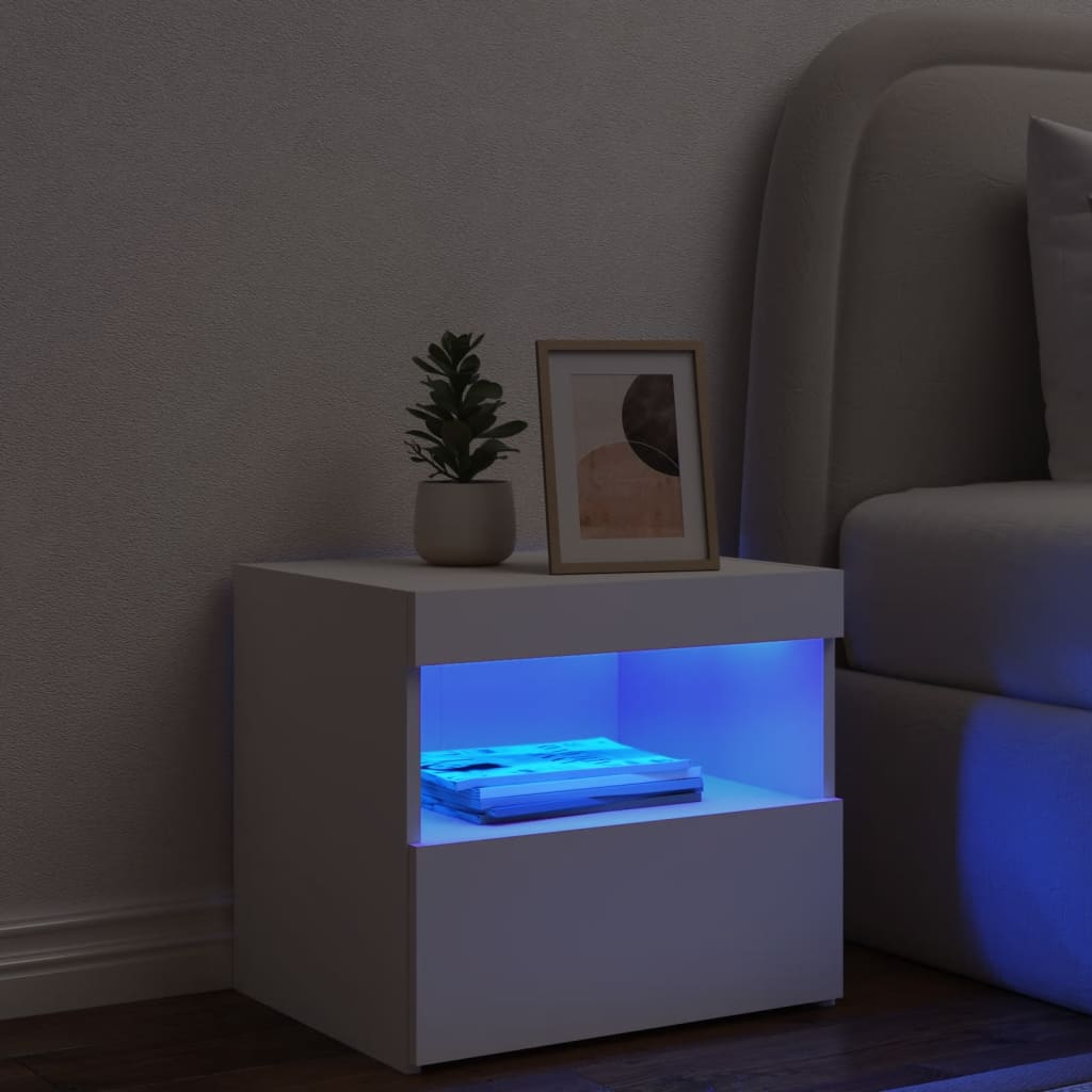 Bedside table with LED lights White 50x40x45 cm