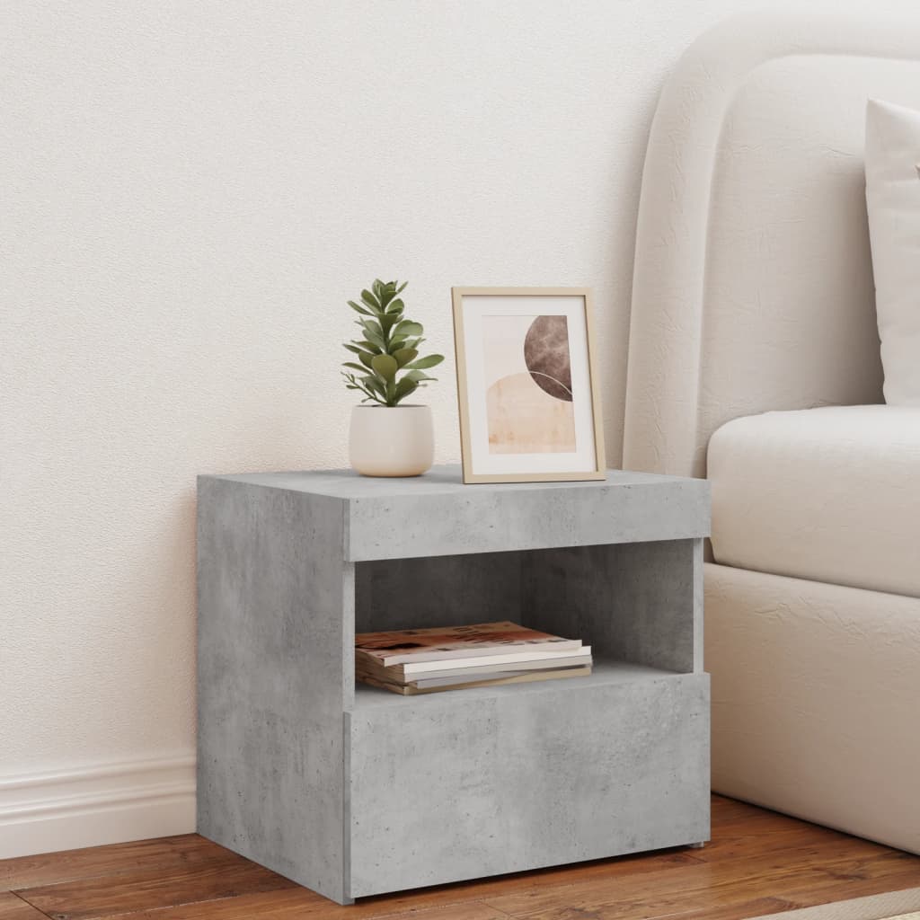 Bedside table with LED lights concrete grey 50x40x45 cm