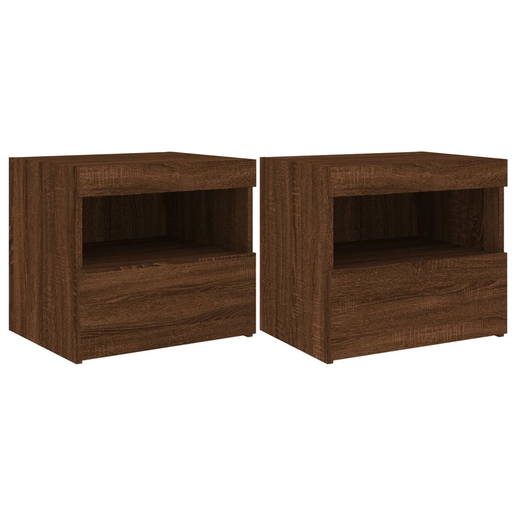Tables de chevet avec lumières LED 2 pcs. Chêne marron 50x40x45 cm