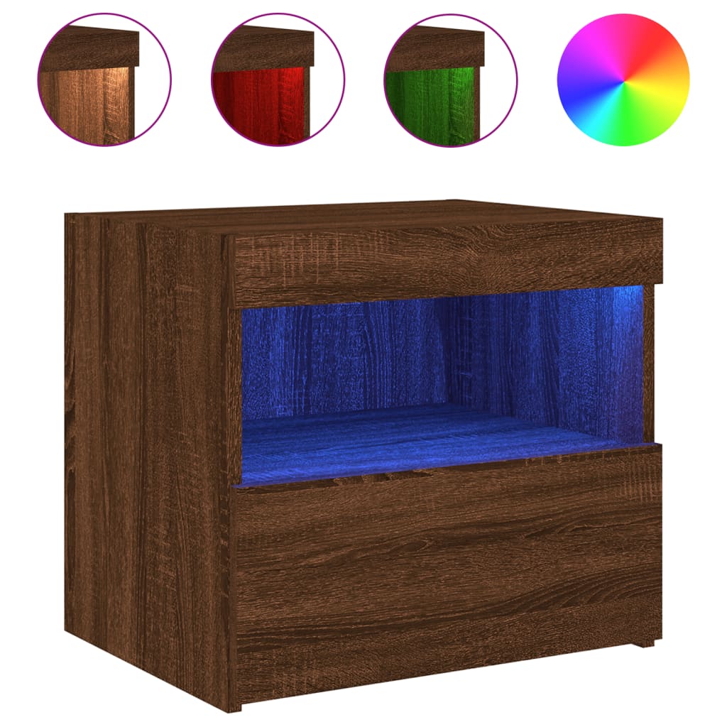 Tables de chevet avec lumières LED 2 pcs. Chêne marron 50x40x45 cm