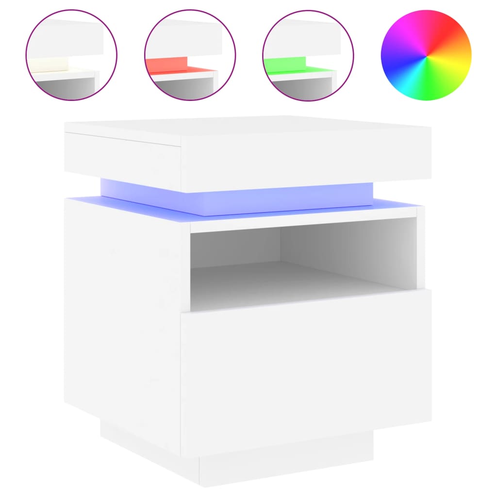 Bedside table with LED lights White 40x39x48.5 cm