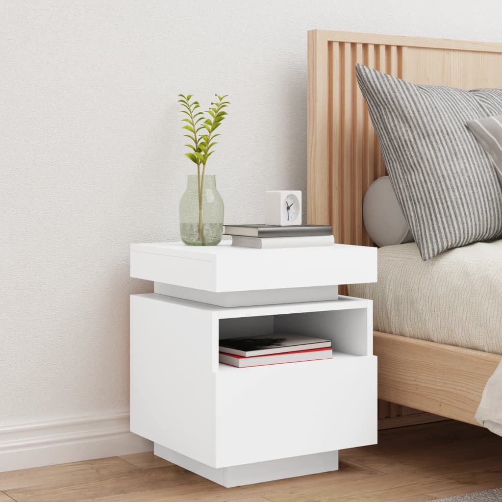 Bedside table with LED lights White 40x39x48.5 cm