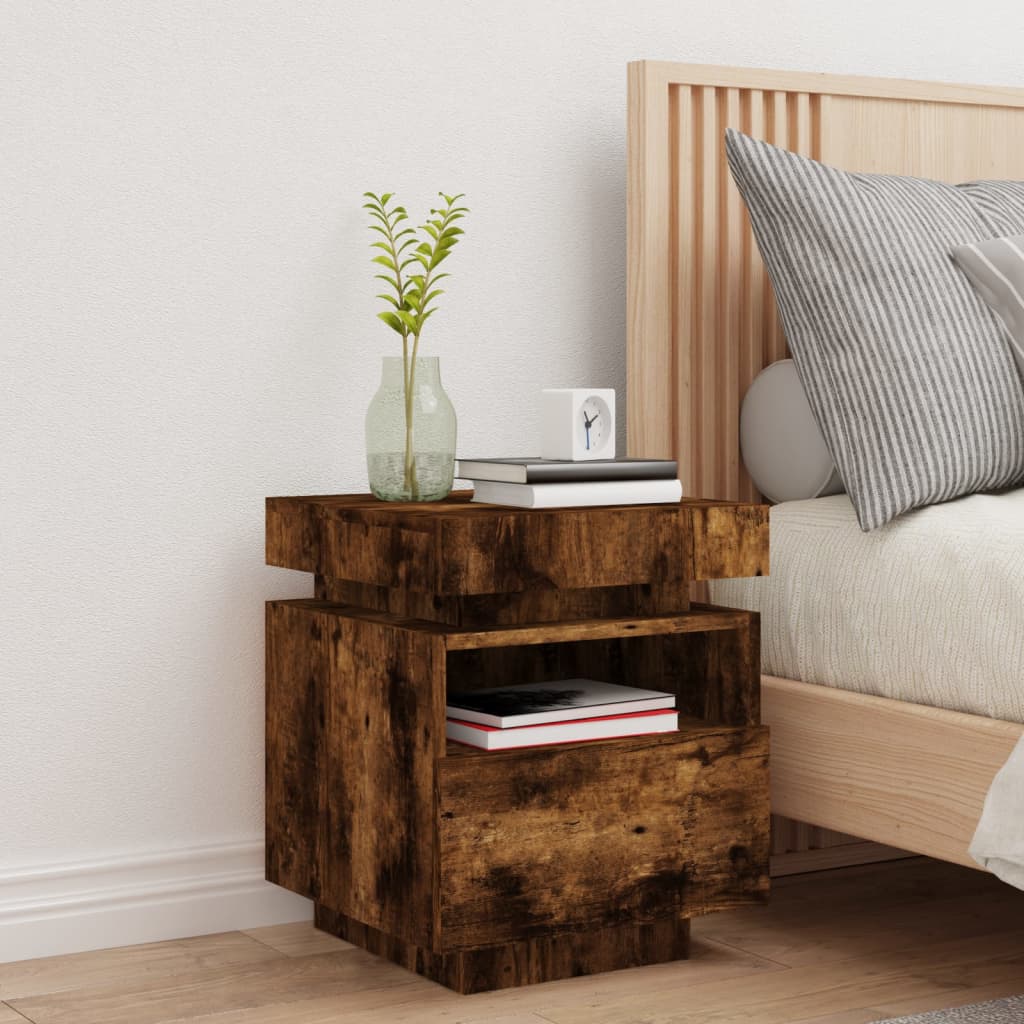 Bedside table with LED lights smoked oak 40x39x48.5 cm