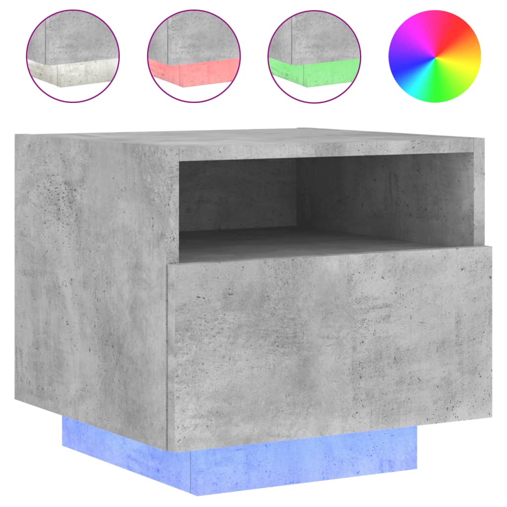 Bedside table with LED lights concrete grey 40x39x37 cm