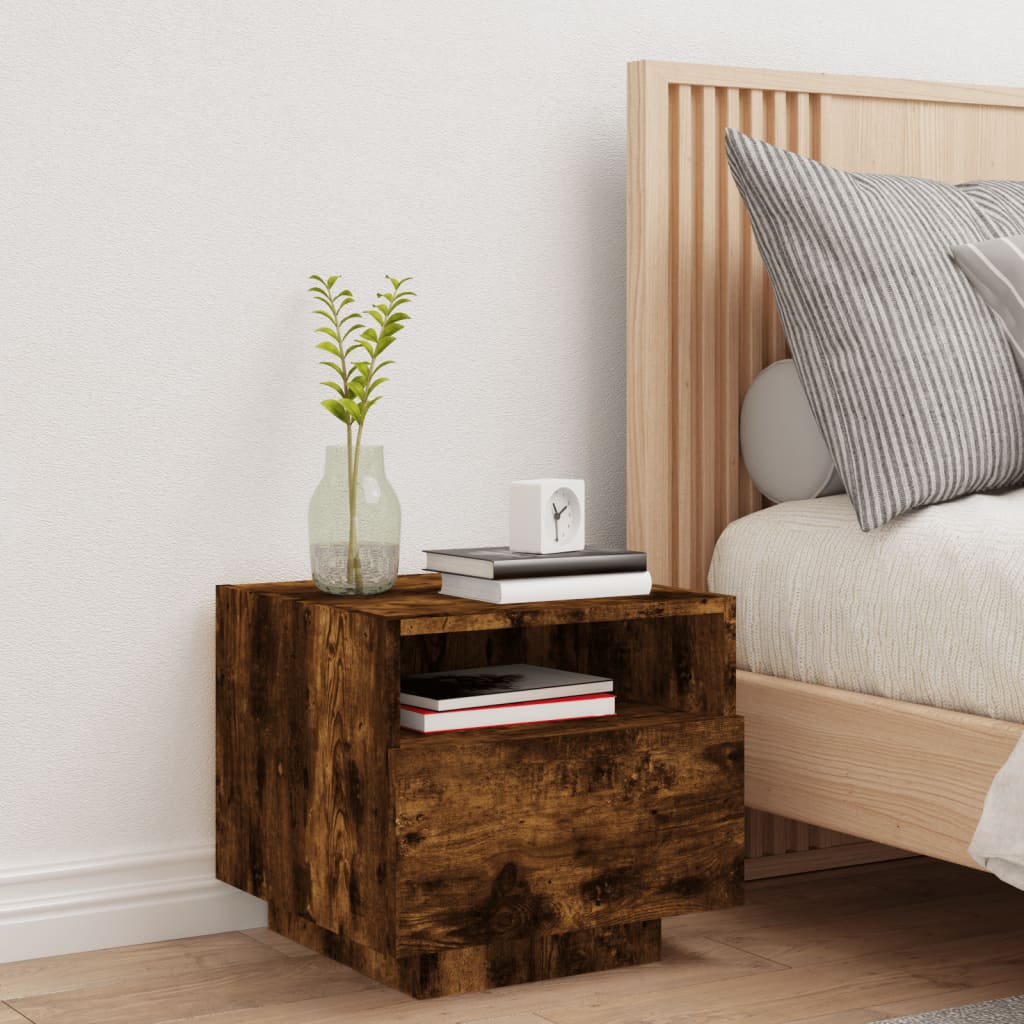 Bedside table with LED lights smoked oak 40x39x37 cm