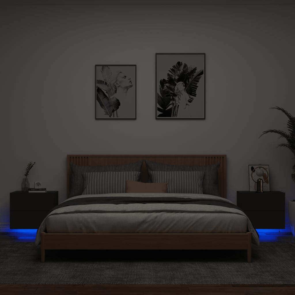 Wall-mounted bedside tables with LED lights 2 pcs. Black