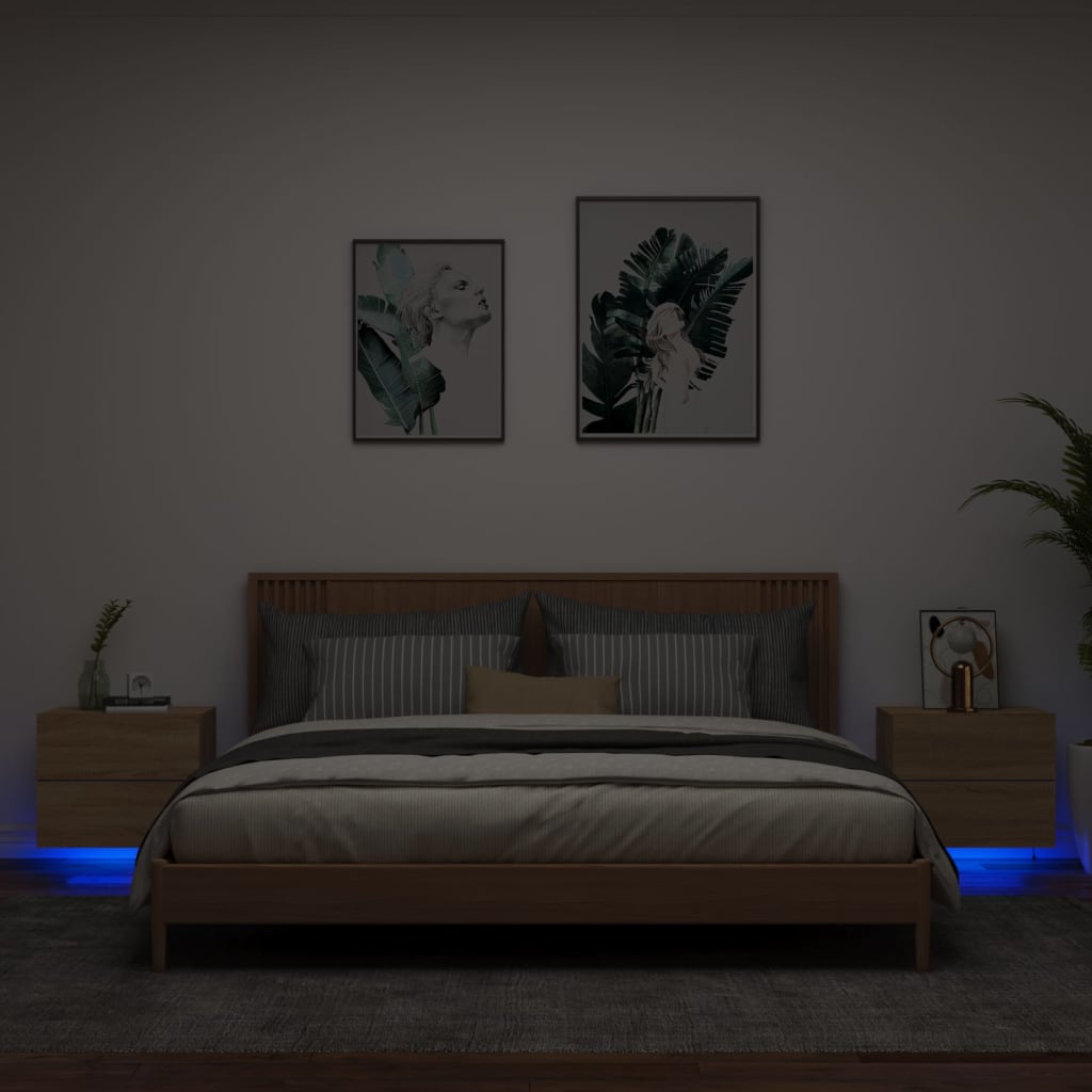 Wall-mounted bedside tables with LED lights 2 pcs. Sonoma oak