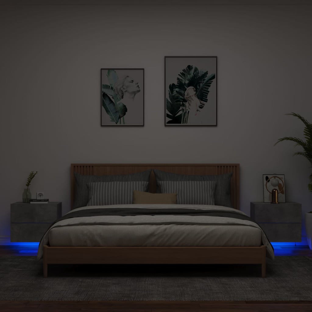 Wall-mounted bedside tables with LED lights 2 pcs. Concrete grey