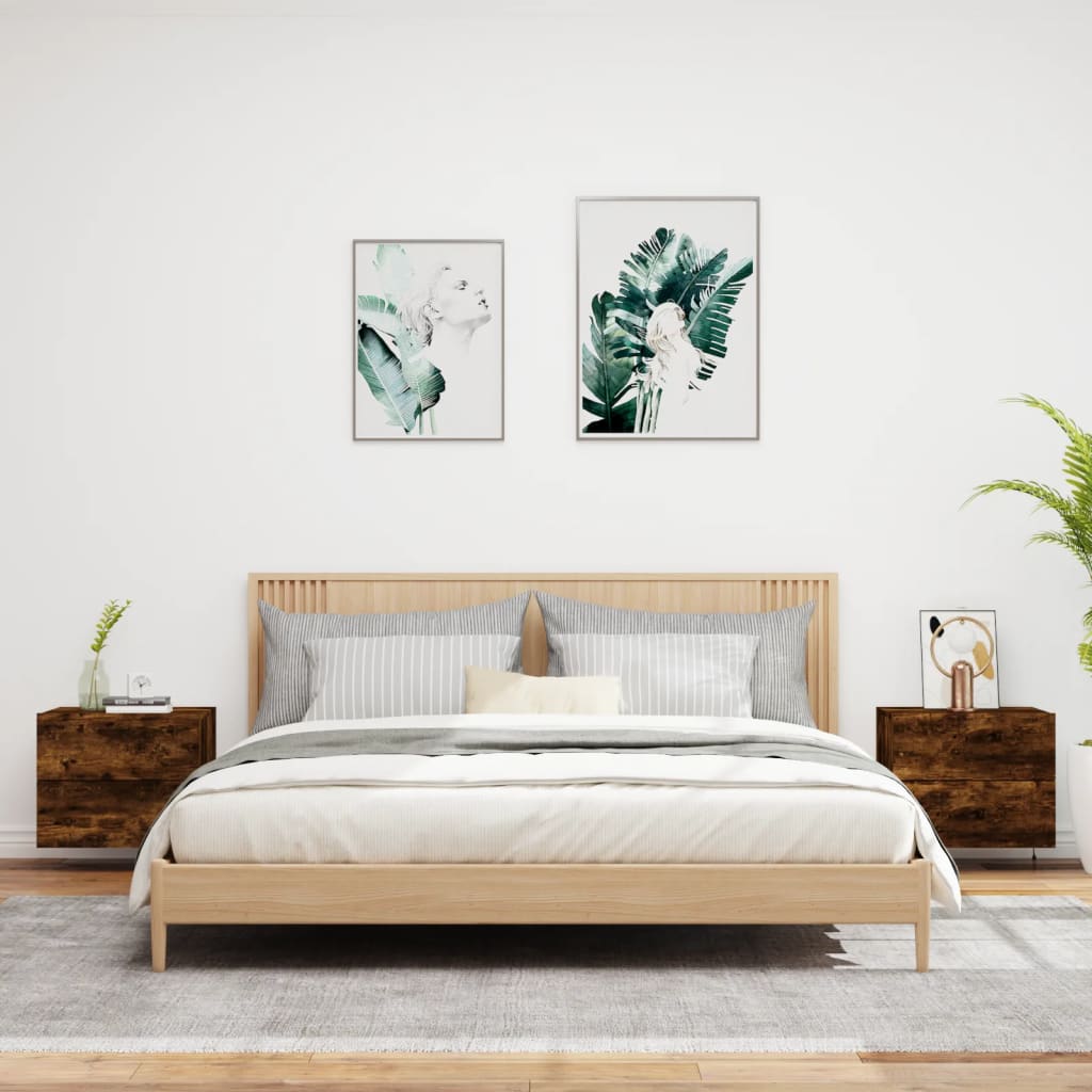 Wall-mounted bedside tables with LED lights 2 pcs. Smoked oak