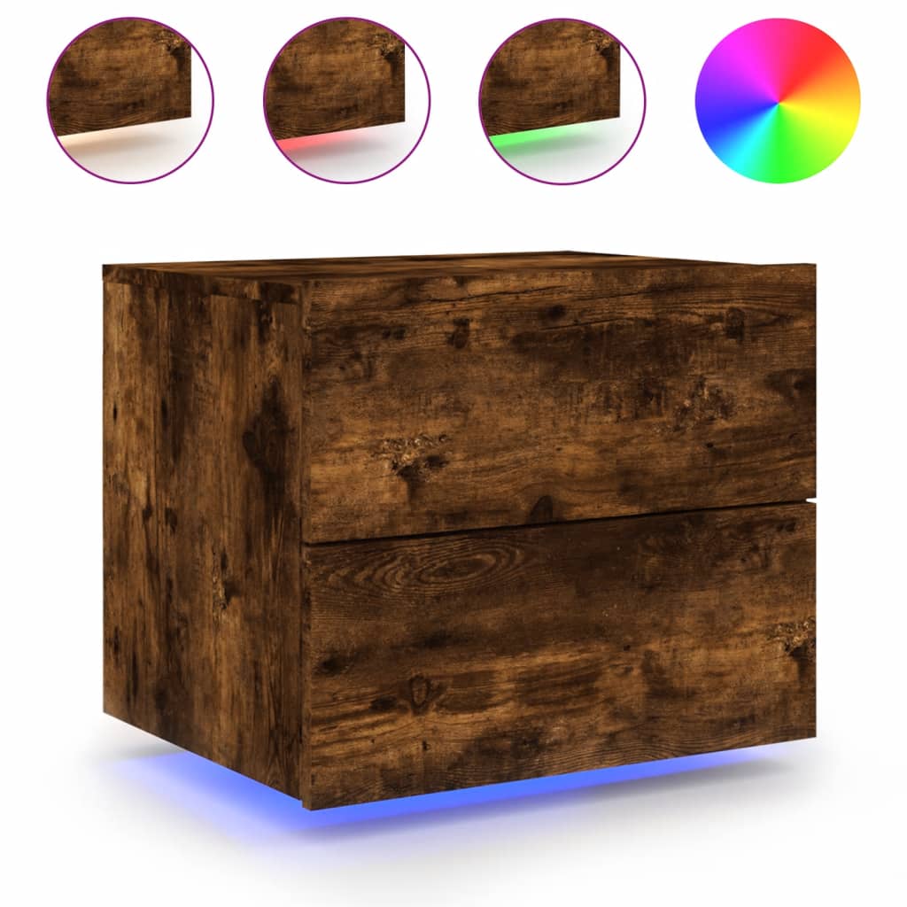 Wall-mounted bedside tables with LED lights 2 pcs. Smoked oak