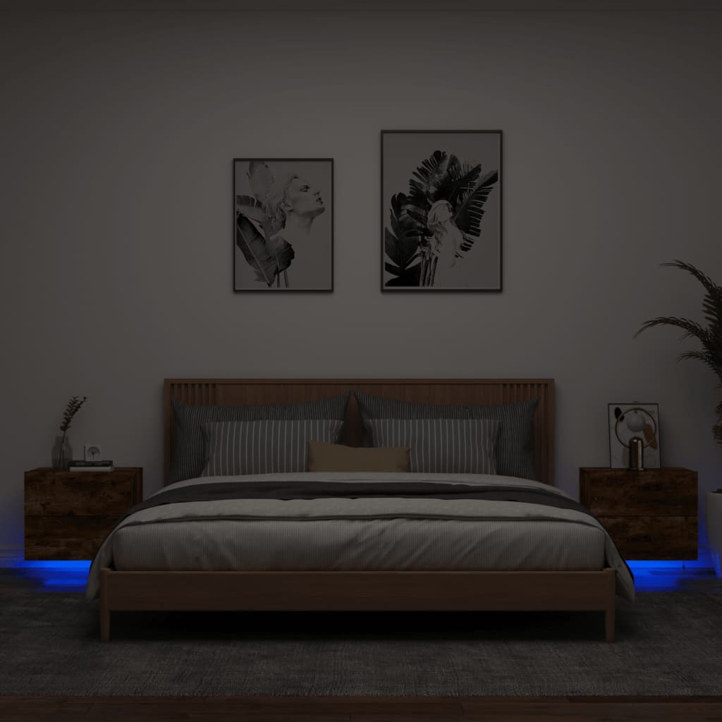 Wall-mounted bedside tables with LED lights 2 pcs. Smoked oak