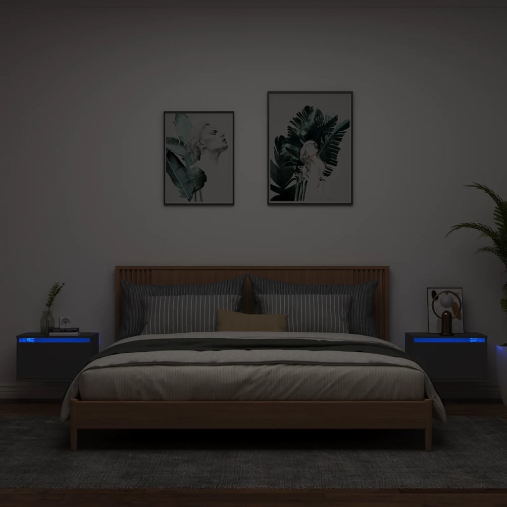 Wall-mounted bedside tables with LED lights 2 pcs. Black