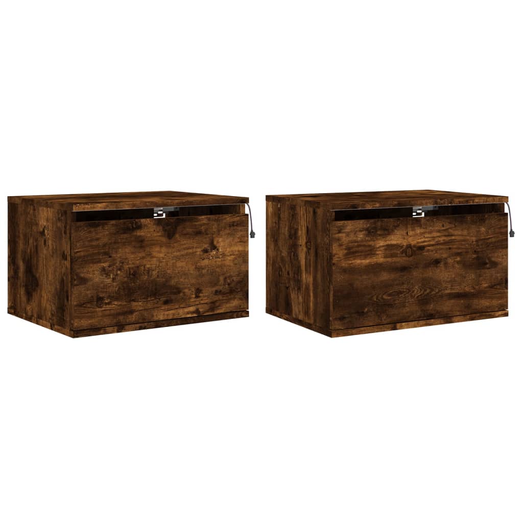Wall-mounted bedside tables with LED lights 2 pcs. Smoked oak