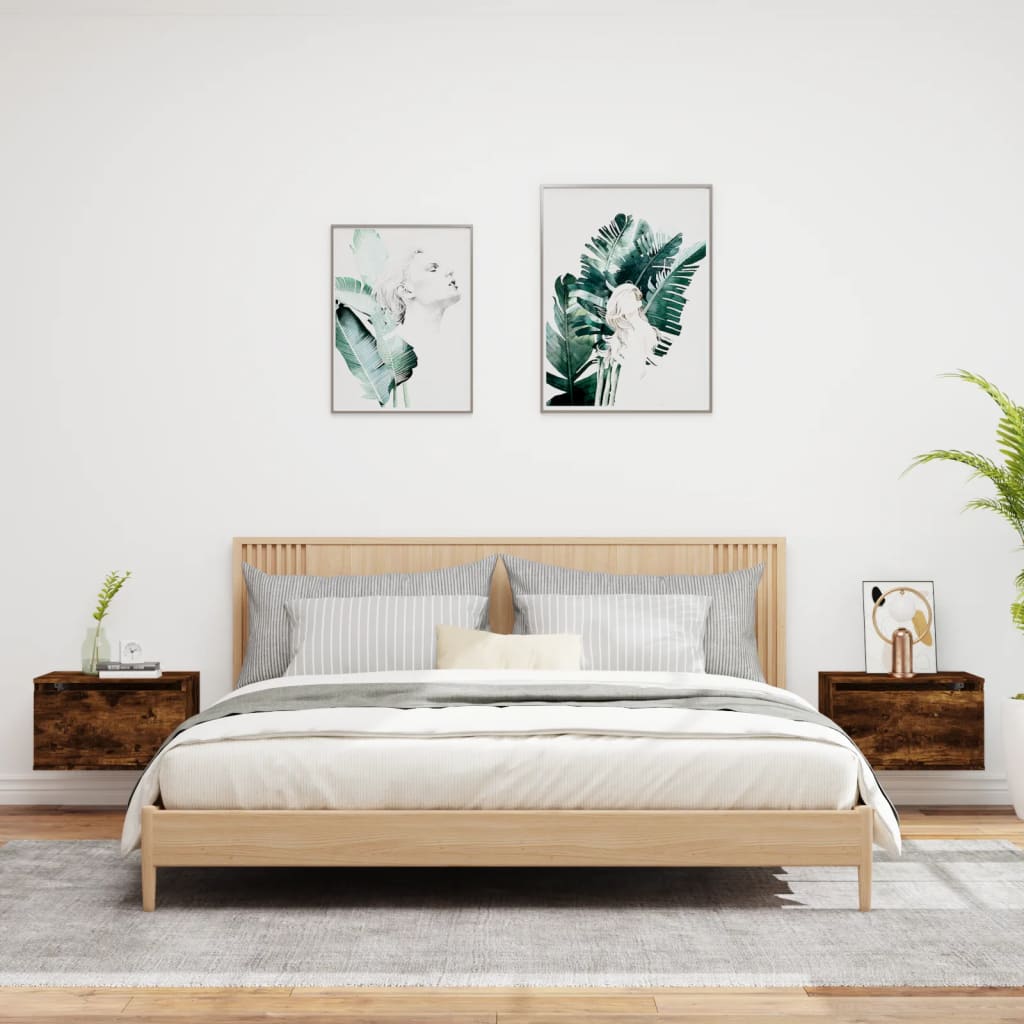 Wall-mounted bedside tables with LED lights 2 pcs. Smoked oak