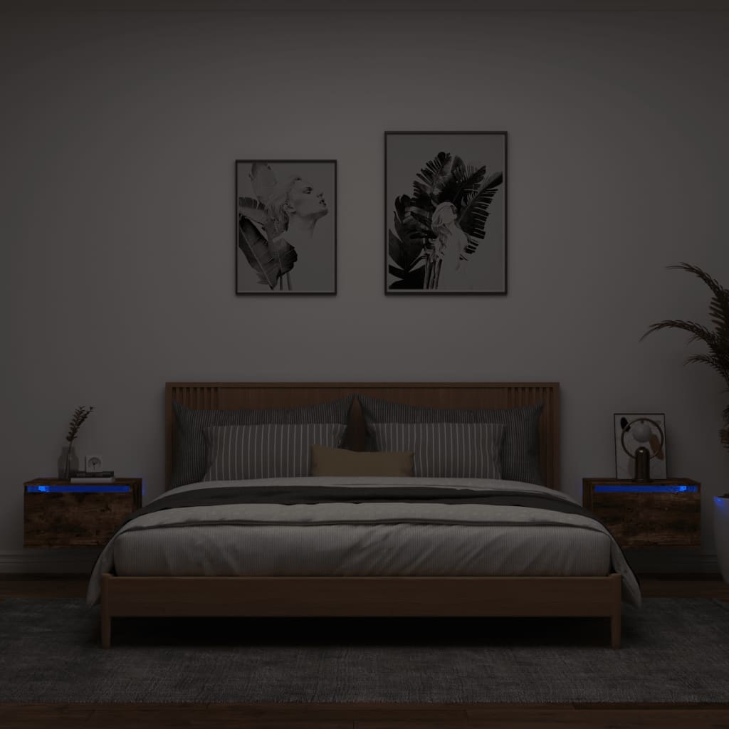 Wall-mounted bedside tables with LED lights 2 pcs. Smoked oak
