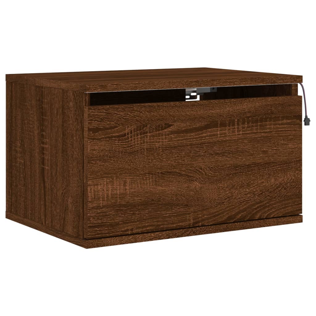 Wall-mounted bedside table with LED lights brown oak look