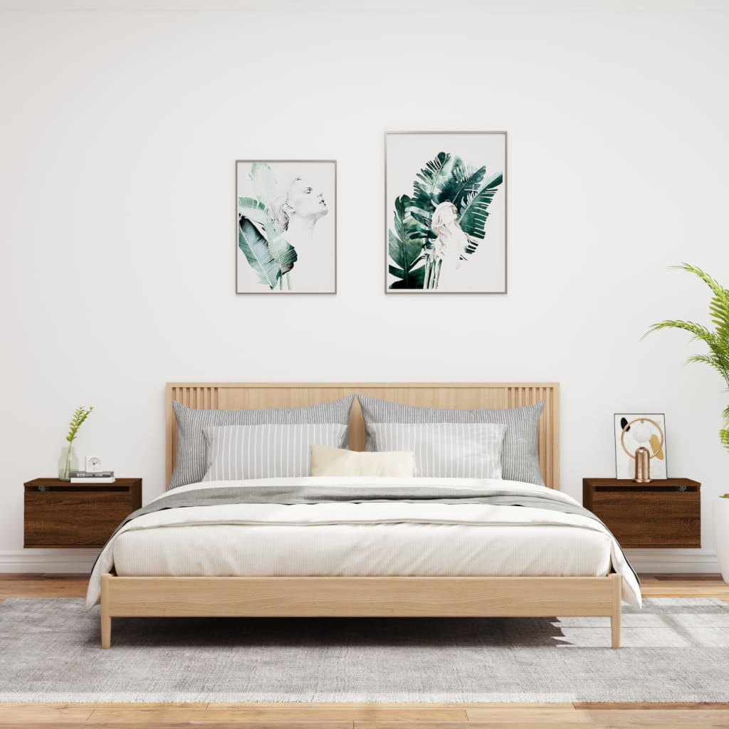 Wall-mounted bedside tables with LED lights 2 pcs. Brown oak look