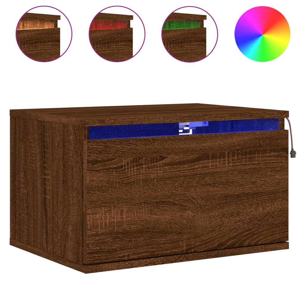 Wall-mounted bedside tables with LED lights 2 pcs. Brown oak look