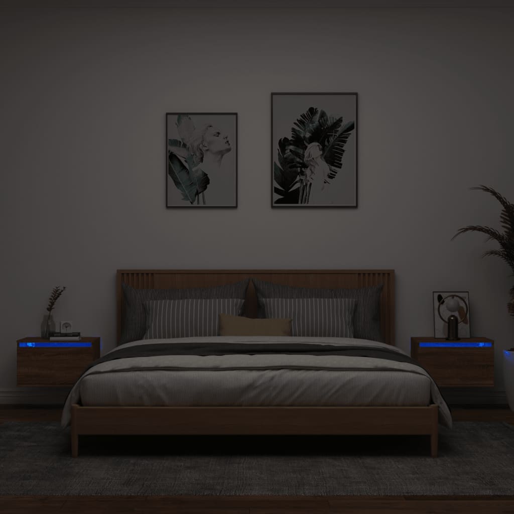 Wall-mounted bedside tables with LED lights 2 pcs. Brown oak look