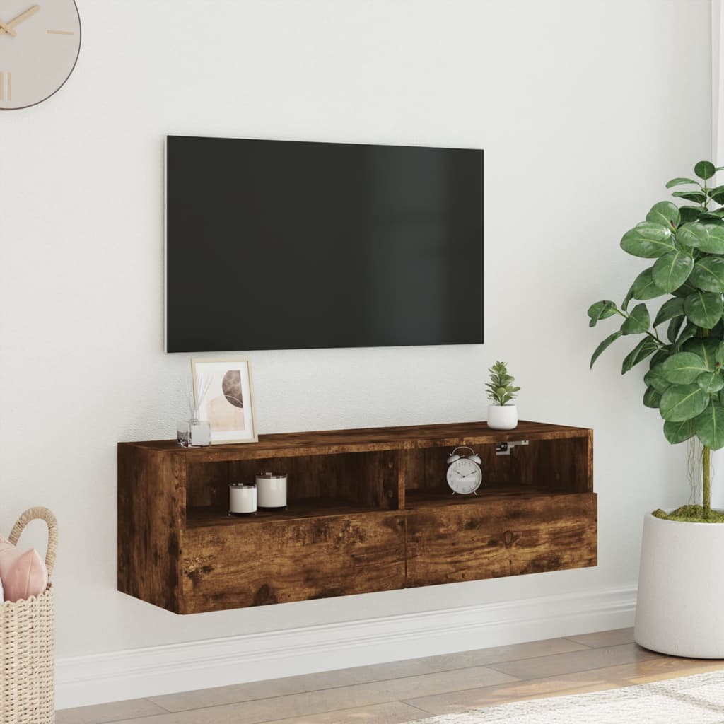 Meuble TV mural chêne fumé 100x30x30 cm matériau bois