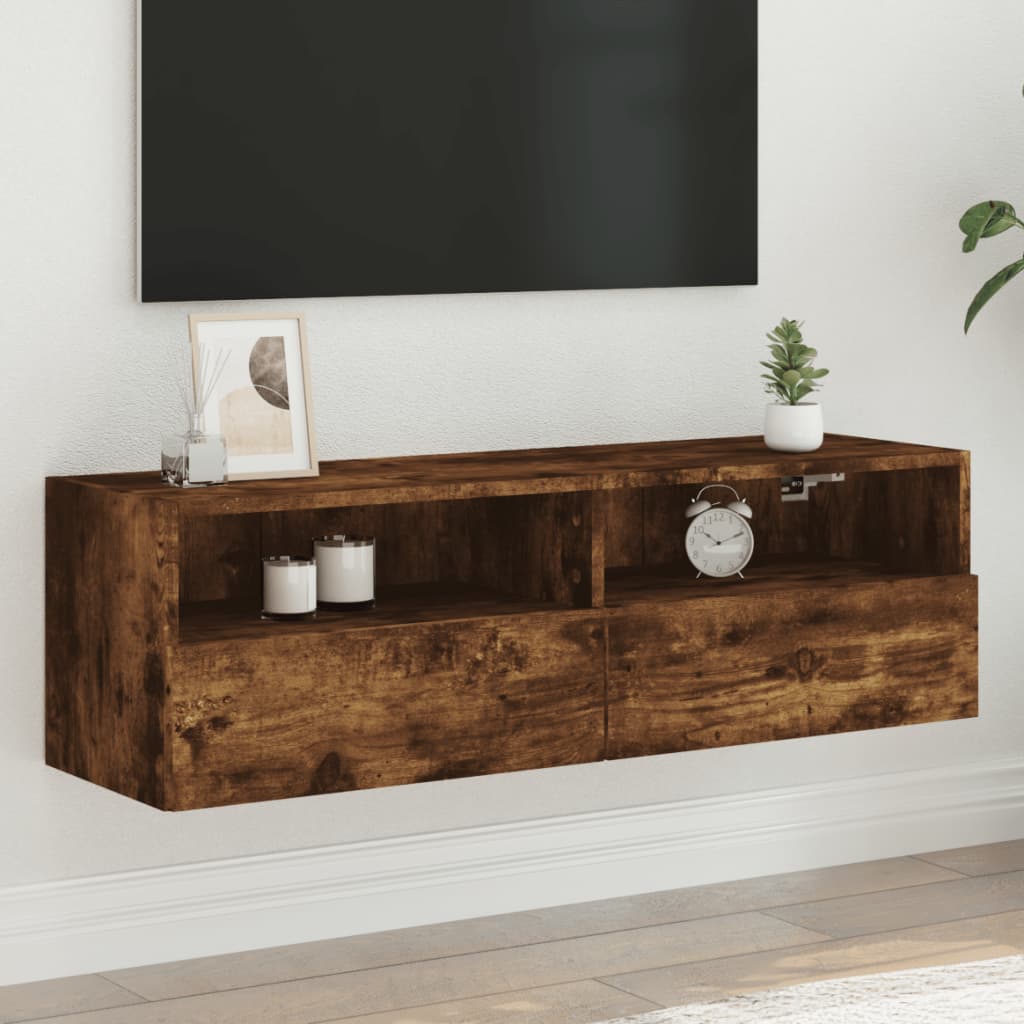Meuble TV mural chêne fumé 100x30x30 cm matériau bois