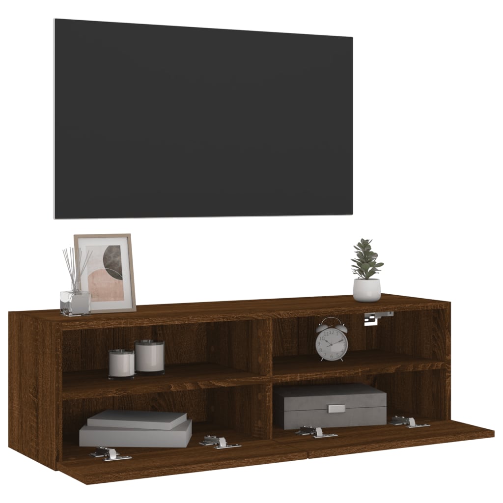 Meuble TV mural aspect chêne marron 100x30x30 cm matériau bois