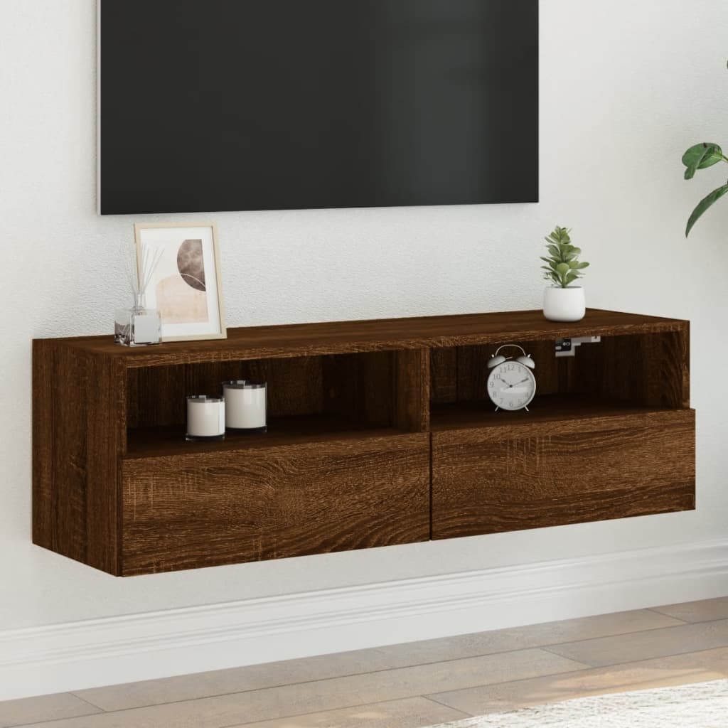 Meuble TV mural aspect chêne marron 100x30x30 cm matériau bois