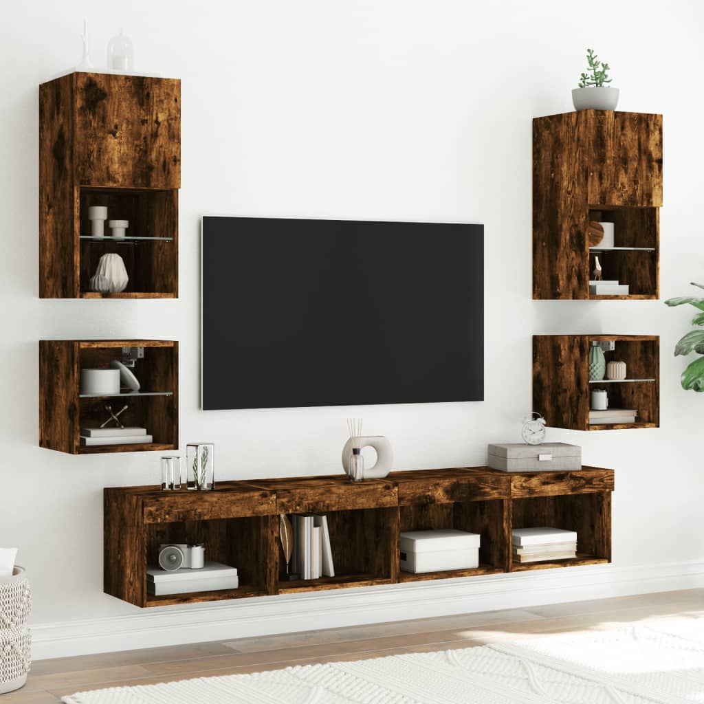 TV wall cabinets with LED lights 2 pcs. Smoked oak