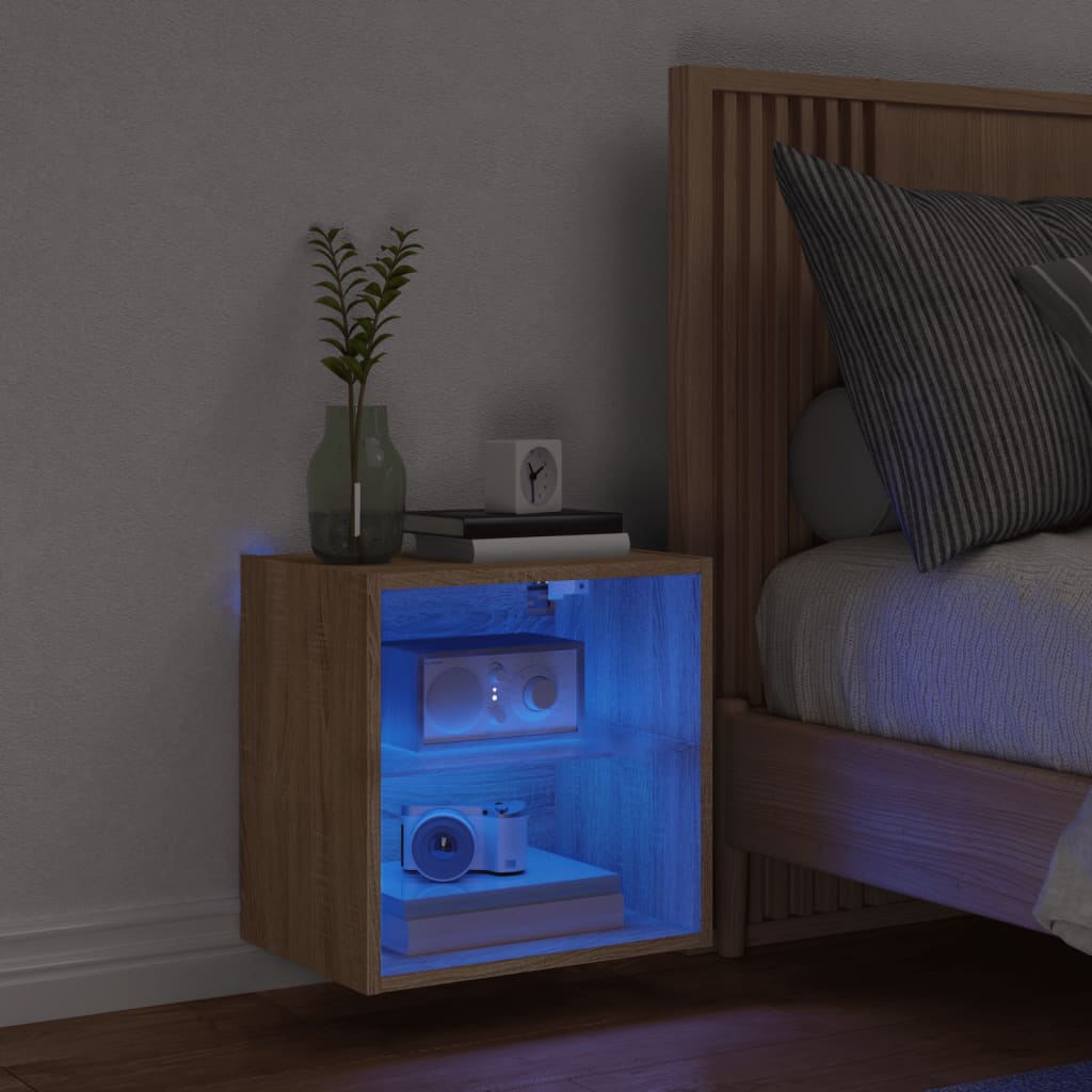 Wall-mounted bedside table with LED lights Sonoma oak