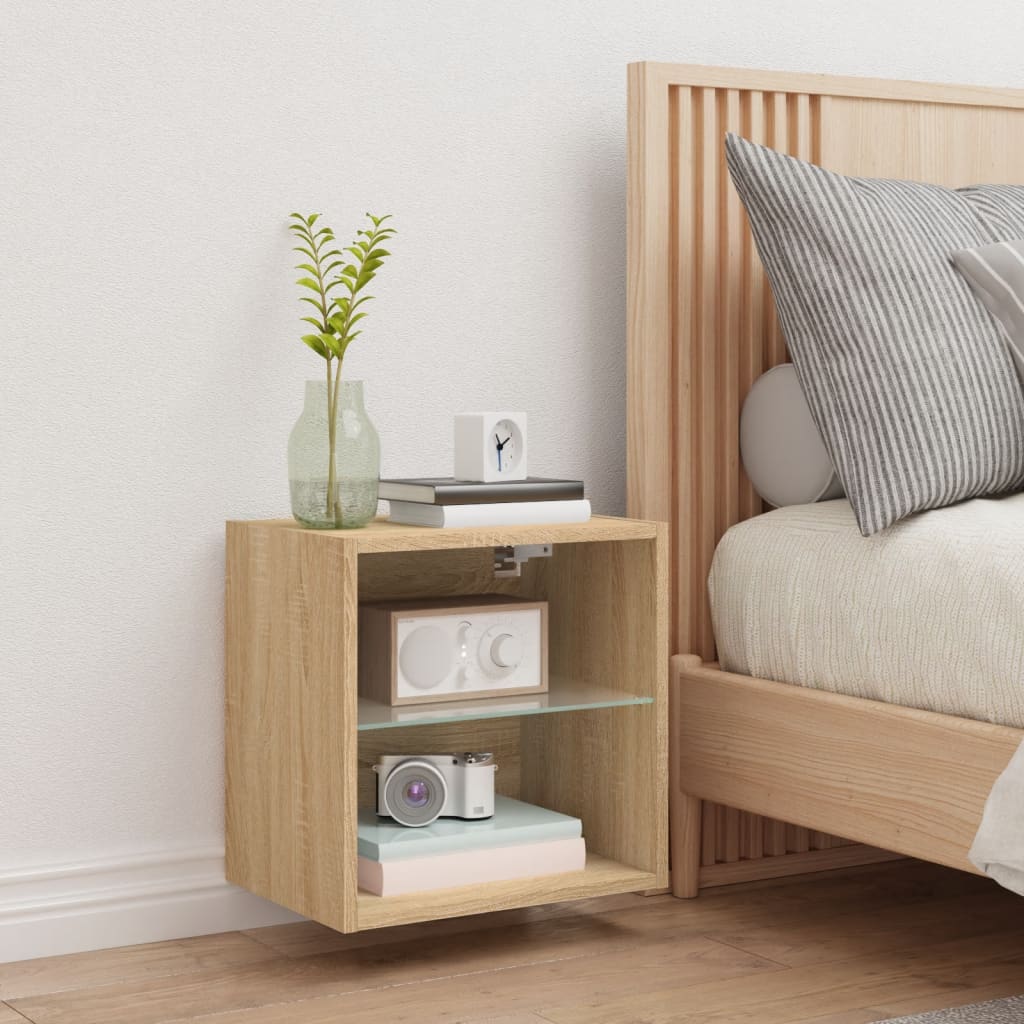 Wall-mounted bedside table with LED lights Sonoma oak