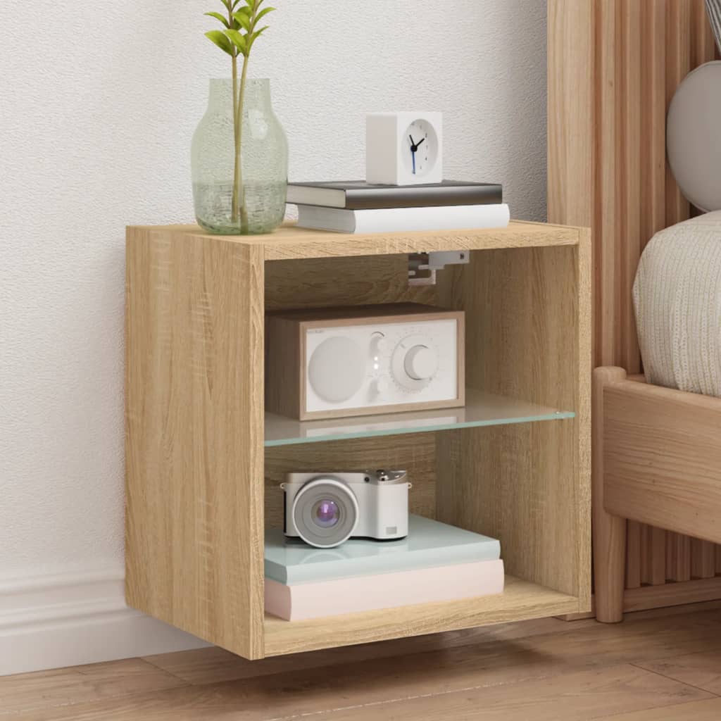 Wall-mounted bedside table with LED lights Sonoma oak