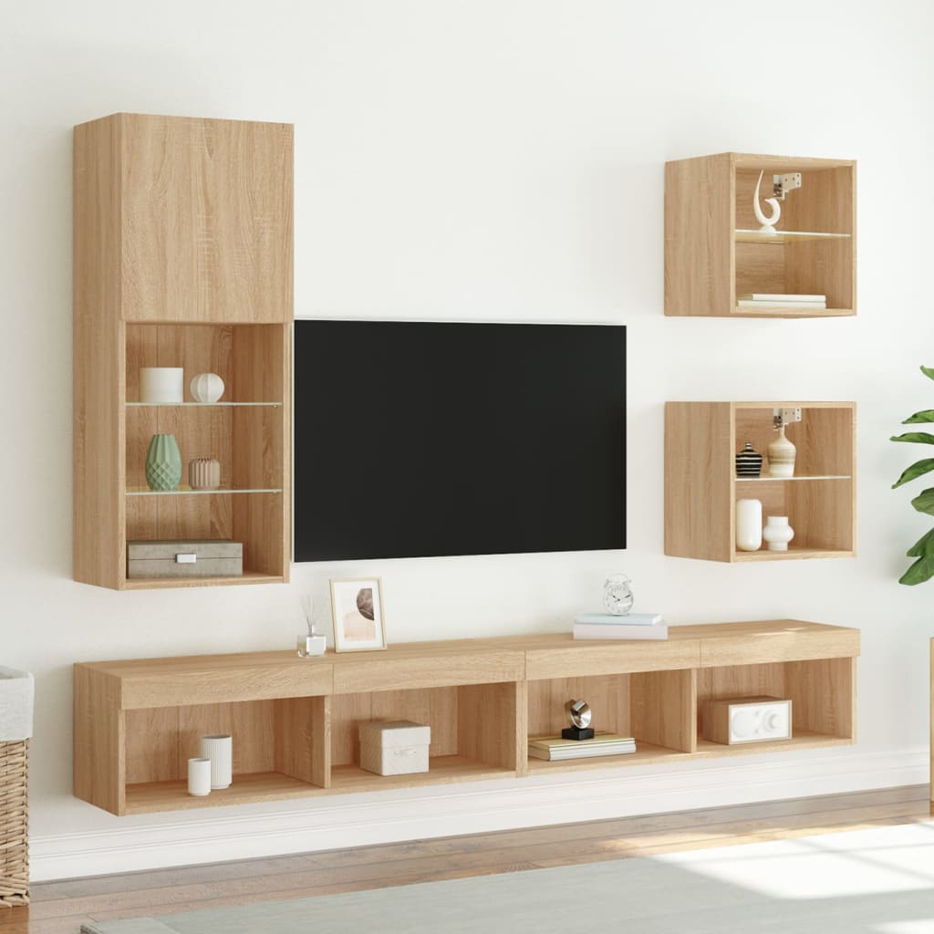 Wall-mounted bedside tables with LED lights 2 pcs. Sonoma oak