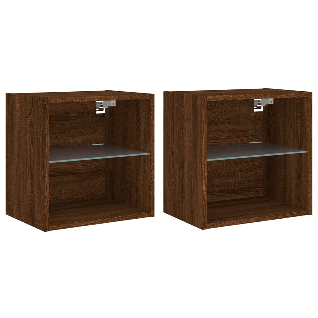 Wall-mounted bedside tables with LED lights 2 pcs. Brown oak look