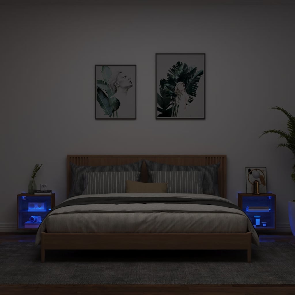 Wall-mounted bedside tables with LED lights 2 pcs. Brown oak look